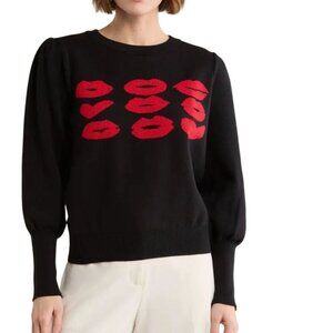 Nanette Lepore NWT Black Red Lurex Lips Hearts Bishop Sleeve Sweater Size M